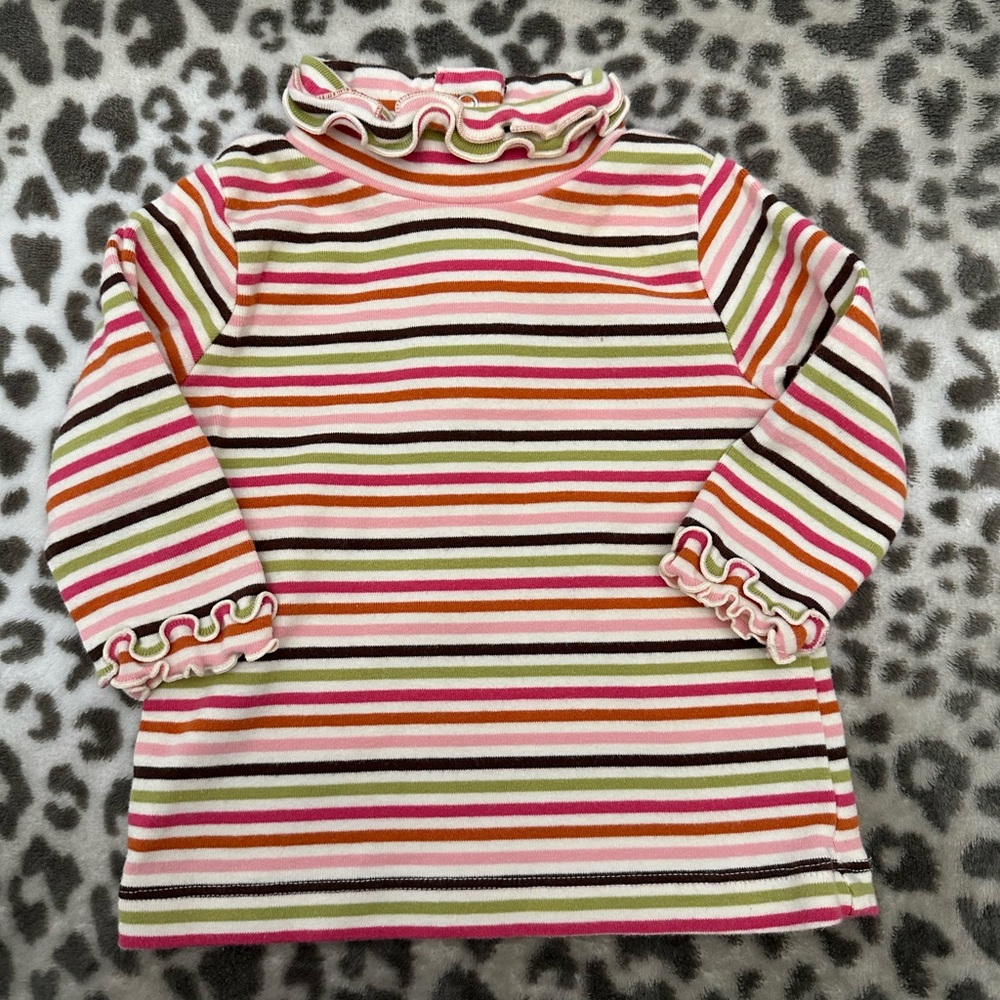 NWOT 2005 Gymboree Ruffle Turtleneck in Pink Brown Green Stripe Size 6-12 Months